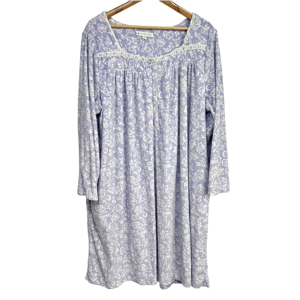 Eileen West Fleece Floral Nightgown 2X Long Sleeve Blue Cottagecore Romantic